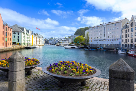 Alesund, port town on the west coast of Norway famous for Art Nouveau architecture and fjords.の写真素材
