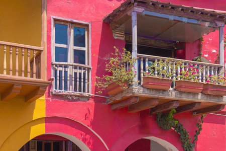 Columbia, Unesco site, colorful Cartagena Walled City Cuidad Amurrallada in historic city center.の写真素材