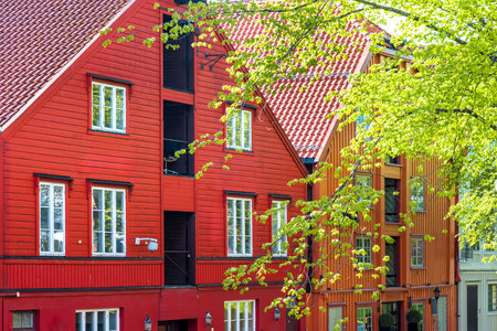 Norway, scenic Trondheim town. Bakklandet, a famous tourist travel destination with colorful houses.の写真素材