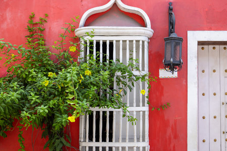 olorful streets of Cartagena in historic Getsemani district near Walled City, Ciudad Amurallada.の写真素材