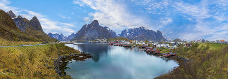 Beautiful Reine fishing village, scenic dramatic views of Lofoten islands in Norwayの写真素材