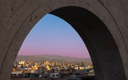 Arequipa, Peru. Sunset view of the Misti Volcano mountain range from the Yanahuara lookout.の写真素材