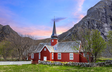 Flakstad Church near Flakstad in Lofoten Islands on the way to Reine fisherman village.の写真素材