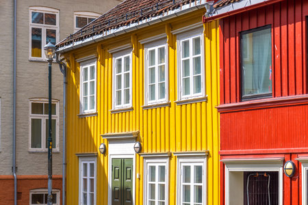 Norway, scenic Trondheim town. Bakklandet, a famous tourist travel destination with colorful houses.の写真素材