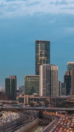Israel, Tel Aviv financial business district skyline with shopping malls and high tech offices.