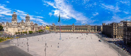 Zocalo Constitution Square in Mexico city, landmark Metropolitan Cathedral and National Palaceの写真素材