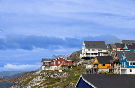 Panoramic view of Greenland capital Nuuk with colored houses located near fjordsの写真素材