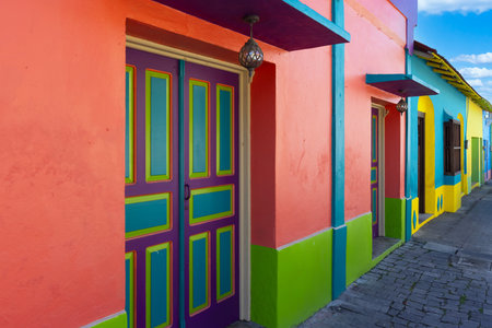 Colorful colonial architecture of historic center of Flores, Guatemalaの写真素材