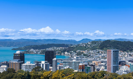 Panoramic skyline of Wellington downtown harbor, financial center and Lambton harbor.の写真素材