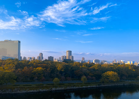 Japan, panoramic view of Osaka skyline at sunset.の写真素材
