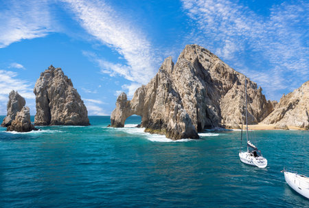 Scenic landmark tourist destination Arch of Cabo San Lucas, El Arco, whale watching and snorkeling spot .の写真素材