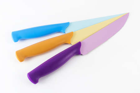 3 Ceramic knife: blue, orange, magentaの写真素材