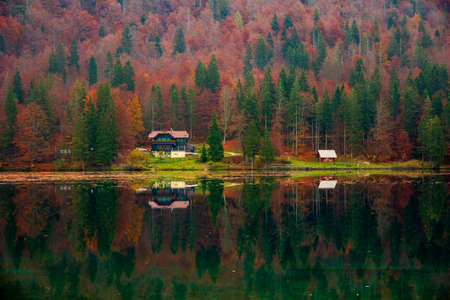 Autumn foliage in Fusine lakes natural park, Friuli Italyの写真素材