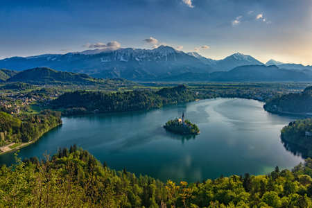 Aerial view of Bled lake and island church in Sloveniaの写真素材