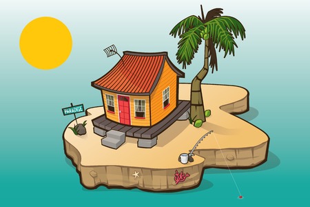 A Caribbean house on a small island with palm tree, coconuts, fishrod, bucket.のイラスト素材
