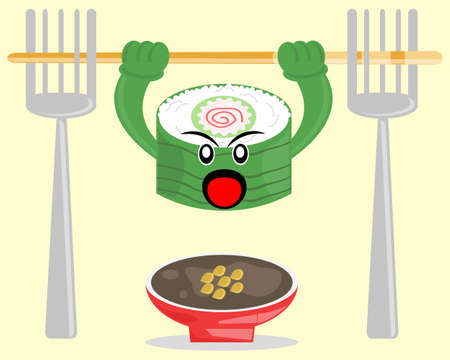 Illustration vector graphic cartoon character of japanese food, sushi roll exercising pull ups over soy sauceのイラスト素材