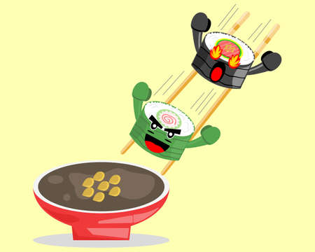 Illustration vector graphic cartoon character of japanese food, sushi roll slid toward the soy sauceのイラスト素材