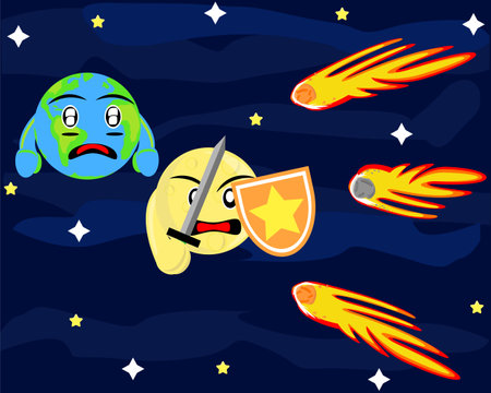 Illustration vector graphic cartoon character of moon protects the earth from meteorsのイラスト素材