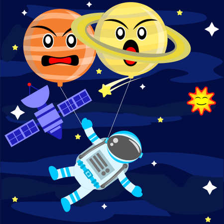 Illustration vector graphic cartoon character of astronaut flying freely in a planet balloons