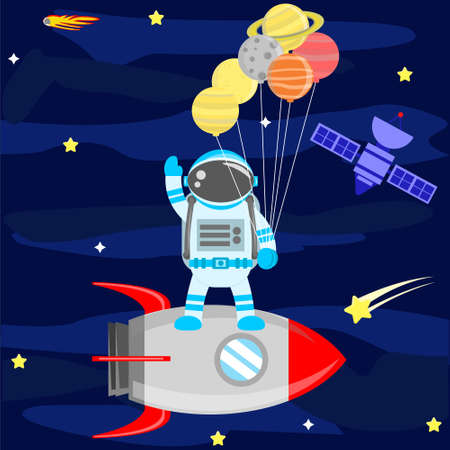 Illustration vector graphic cartoon character of astronaut carrying a planet balloon flying in space by using a spaceshipのイラスト素材