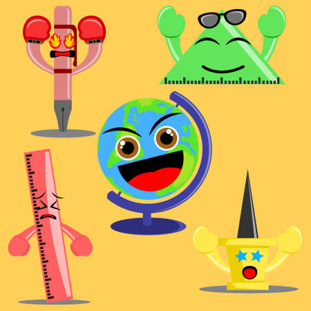 Illustration vector graphic cartoon character of stationery supplies such as pencil, rulers, globe and push pinのイラスト素材