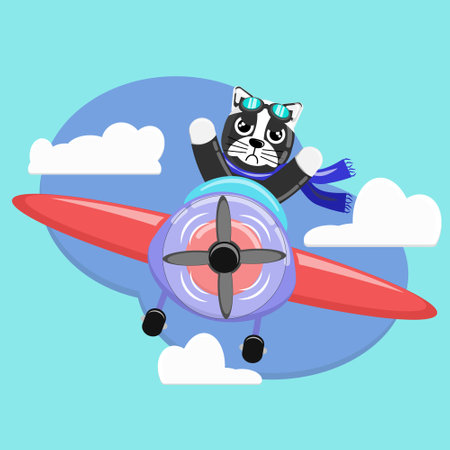 Illustration vector graphic cartoon character of cute black dog pilot flight with plane. Childish cartoon design suitable for product design of children's books, children shirts, greeting cards etcのイラスト素材