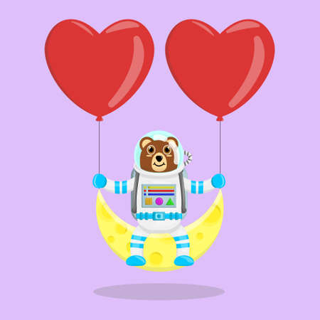 Illustration vector graphic cartoon of cute bear astronaut sitting on the moon with loves. Childish cartoon design suitable for product design of children's books, t-shirt, greeting cards etcのイラスト素材