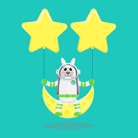 Illustration vector graphic cartoon of cute rabbit astronaut sitting on the moon with stars. Childish cartoon design suitable for product design of children's books, t-shirt, greeting cards etcのイラスト素材