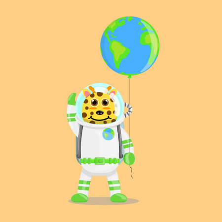 Illustration vector graphic cartoon of cute giraffe astronaut holding balloon shaped earth. Childish cartoon design suitable for product design of children's books, t-shirt etcのイラスト素材