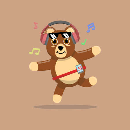 Illustration vector graphic cartoon of cute bear dancing while listening to music. Childish cartoon design suitable for product design of children's books, t-shirt etcのイラスト素材