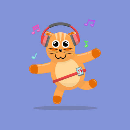 Illustration vector graphic cartoon of cute cat dancing while listening to music. Childish cartoon design suitable for product design of children's books, t-shirt etcのイラスト素材