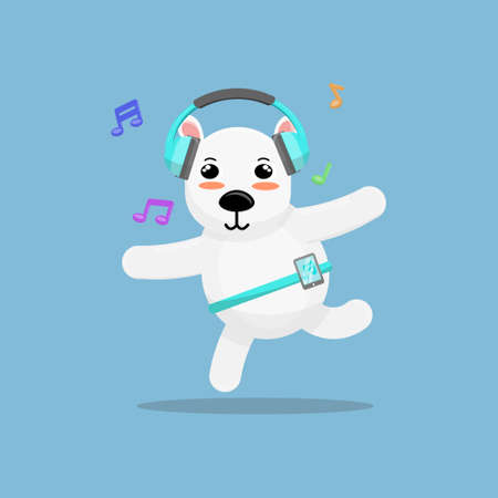 Illustration vector graphic cartoon of cute snow bear dancing while listening to music. Childish cartoon design suitable for product design of children's books, t-shirt etcのイラスト素材