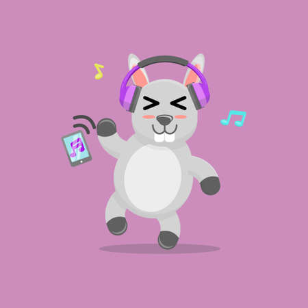 Illustration vector graphic cartoon of sweet rabbit dancing while listening to music. Childish cartoon design suitable for product design of children's books, t-shirt etcのイラスト素材