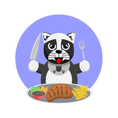 Illustration vector graphic cartoon of cute dog eating beef steak. Childish cartoon design suitable for product design of children's books, t-shirt etcのイラスト素材