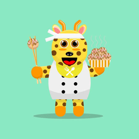 Illustration vector graphic cartoon of cute giraffe eating takoyaki with chopsticks. Childish cartoon design suitable for product design of children's books, t-shirt etcのイラスト素材