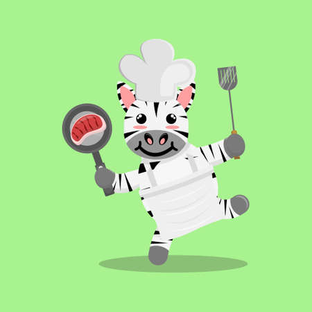 Illustration vector graphic cartoon of cute zebra chef cooking beef made steak. Childish cartoon design suitable for product design of children's books, t-shirt etcのイラスト素材
