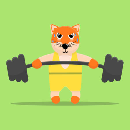Illustration vector graphic cartoon of cute fox is trying hard to lift a barbell. Childish cartoon design suitable for product design of children's books, t-shirt etcのイラスト素材