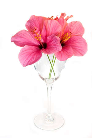 white glass bocal with three red flowerの写真素材