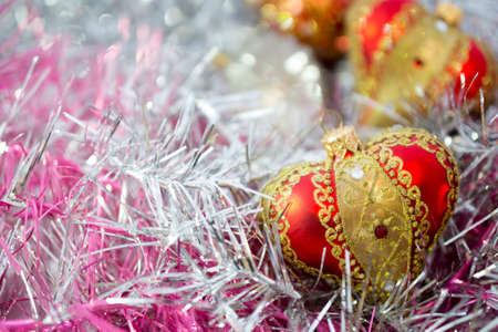 red Christmas balls and on abstract backgroundの写真素材