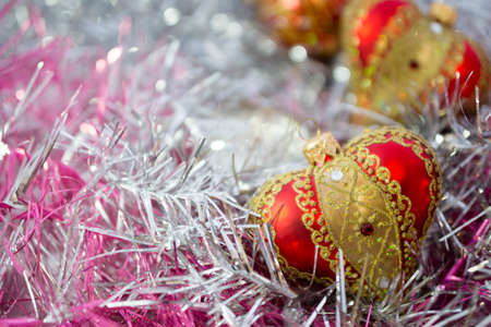 red Christmas balls and on abstract backgroundの写真素材