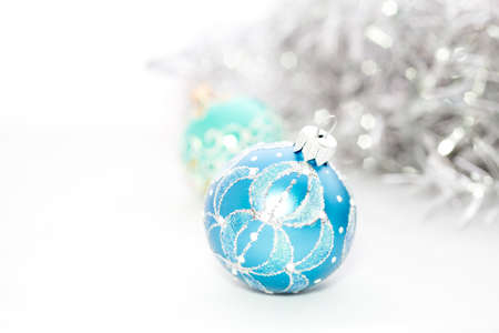 Closeup of blue Christmas balls and on white backgroundの写真素材