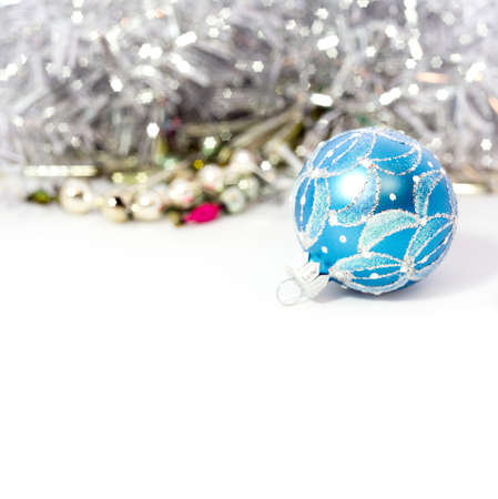 Closeup of blue Christmas balls and on white backgroundの写真素材