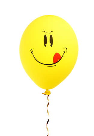 Yellow balloon with ribbon isolated on white background の写真素材