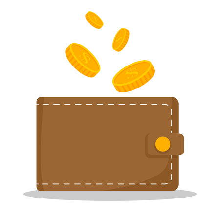 Wallet money coins illustration. Wallet and gold coins. Money, investment, income, savings, investing concepts. Modern flat design graphic elements. vector illustrationのイラスト素材