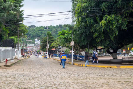 Concepcion de Ataco, El Salvador - June, 4th, 2018: main square corner at cobblestone streetのeditorial素材