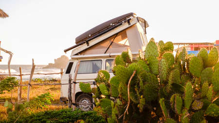 Oaxaca, Mexico - January, 26th, 2017: van parked at Mojon beach, view of local vegetationのeditorial素材
