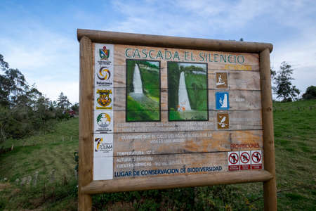 Murillo, Colombia January, 28th, 2019: sign at the entrance of El silencio waterfallのeditorial素材