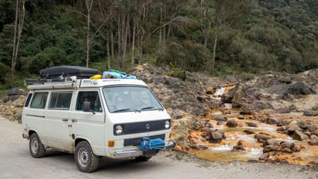 Nevado del Ruiz, Colombia - January, 30th, 2019: van over the bridge at one of the sulfur rivers...