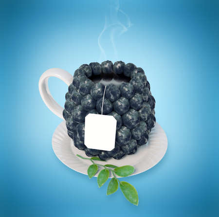 Blueberries tea cup. Healthy food. Blueberries drinkの写真素材