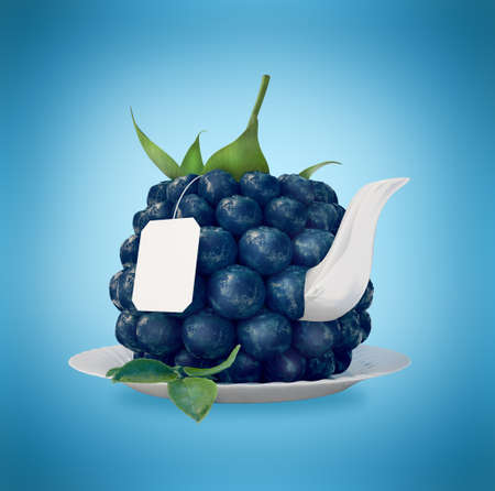 Blueberries tea cup. Healthy food. Blueberries drinkの写真素材